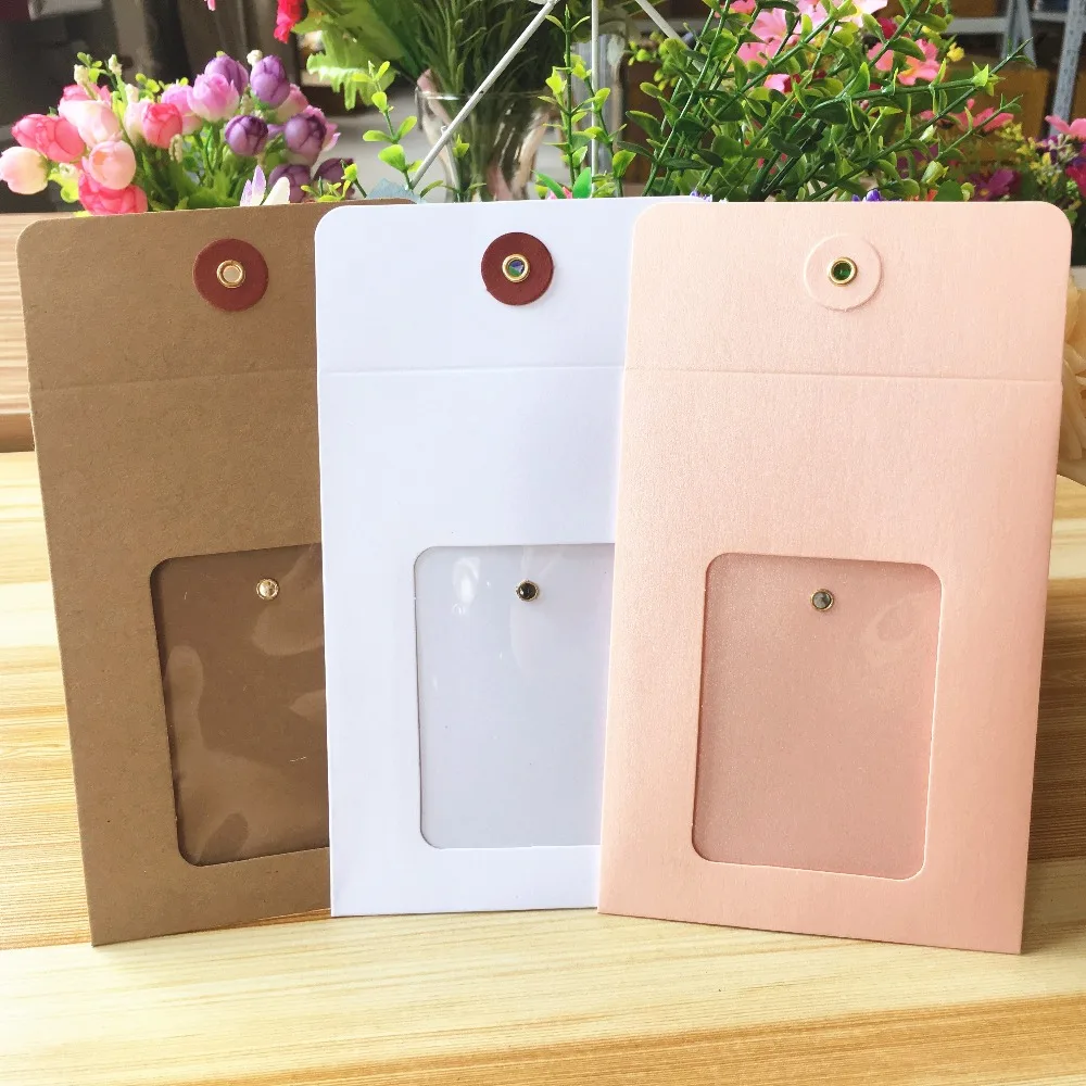 50Pcs/Lot 14x10.5cm Paper Envelope Bag With PVC Square Vintage Line Buckle Metal Ring Greeting Card Sealed Bags With Free String