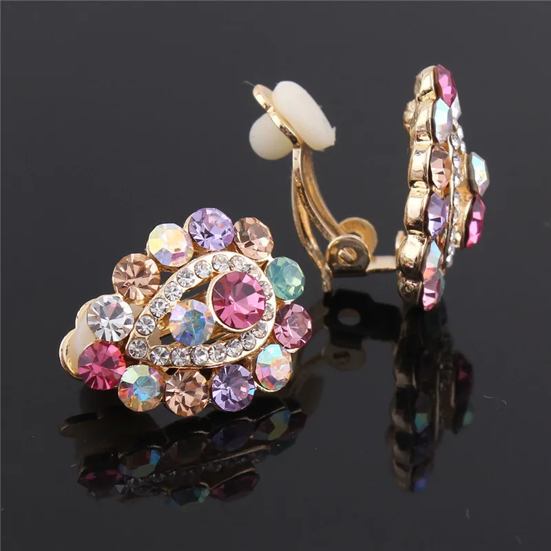 Top Quality Rhinestone Opal Flower Simulated Pearl Water Drop Shape Clip on Earrings No Pierced for Women Fashion Bride Ear Clip