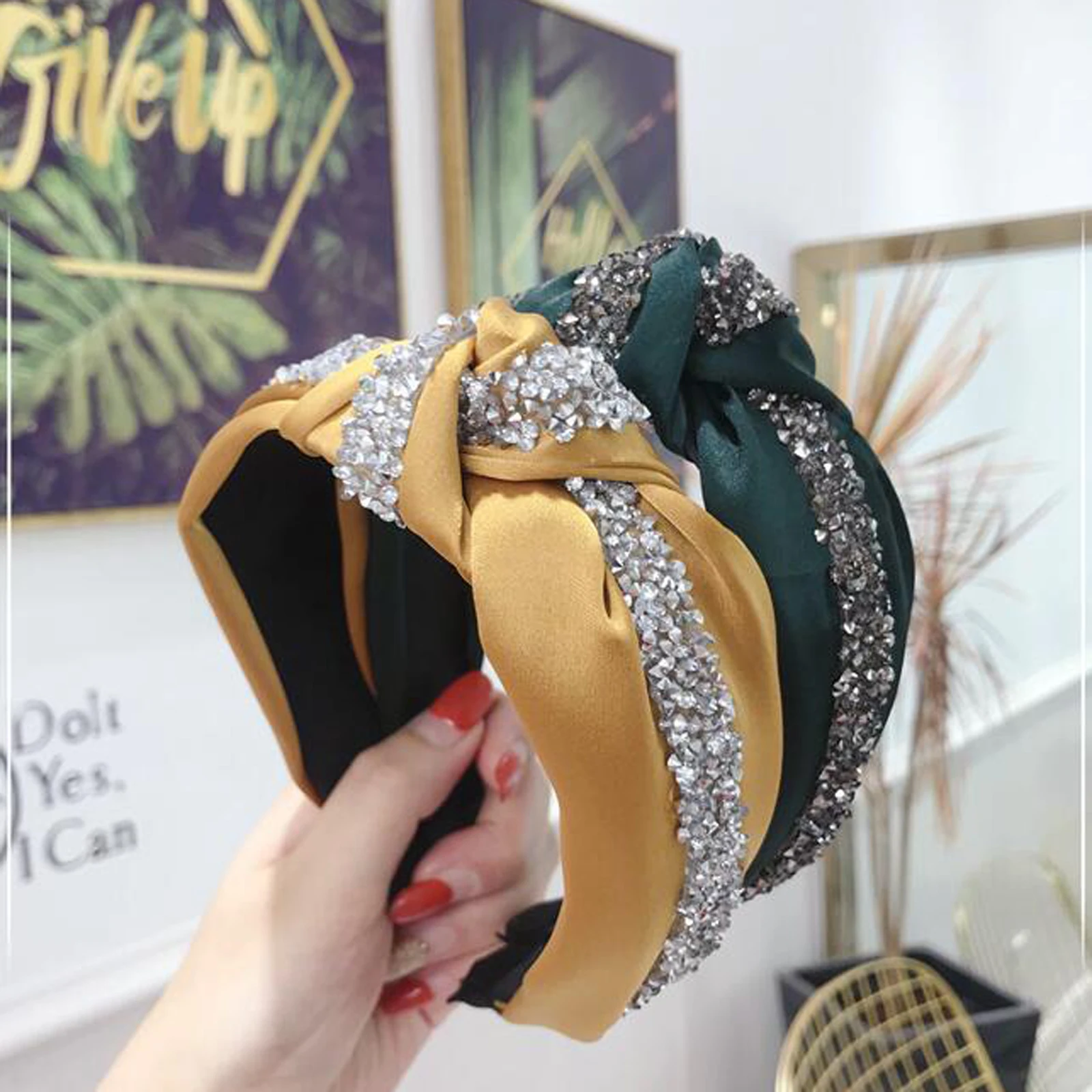 New Fashion Rhinestone Hairband Women Solid Wide Side Headband Middle Knot Turban Girls Autumn Winter Hair Accessories Headwear