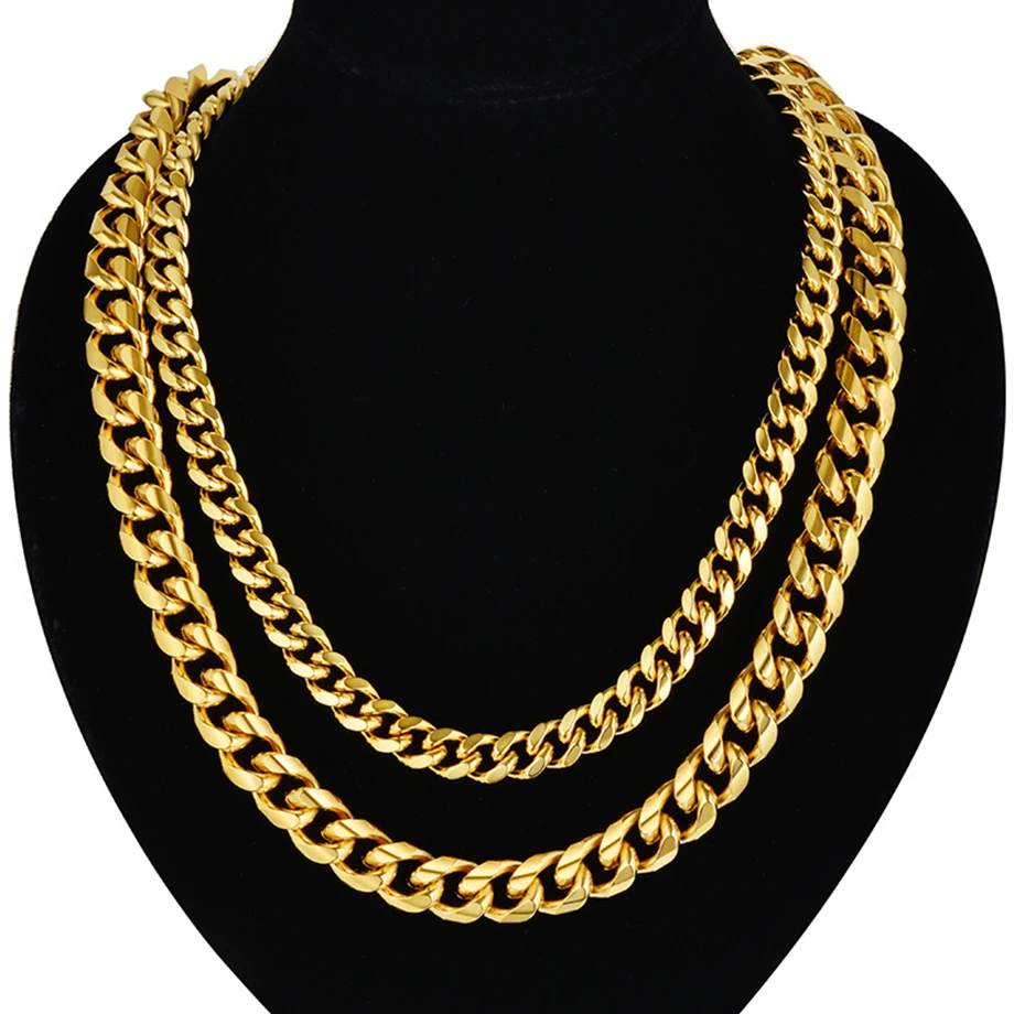 Hiphop Men\'s Thick Neck  Gold Color Stainless Steel Heavy Miami Curb Cuban Link Chains For Men Necklaces Male Jewelry