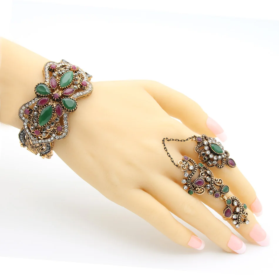 Vintage Turkish Women Hollow Flower Bangle Ring Retro Jewelry Sets Symmetrical Butterfly Bracelet Cuff Vines Double Finger Ring