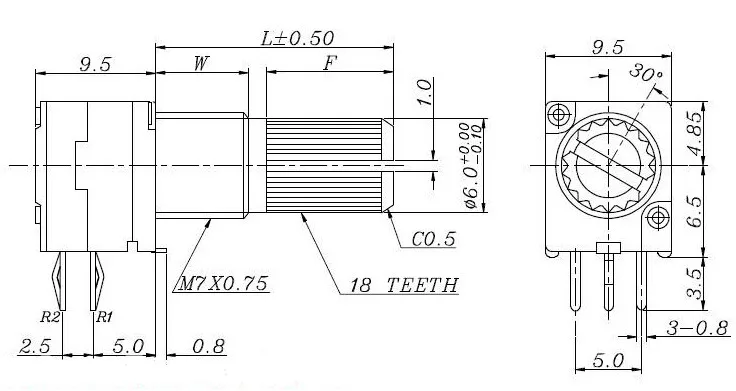 5PCS 6 Pins stereo/pa/sealing potentiometer  B10K B20K B50K B100K 15mm Dual Double Rotary Potentiometer