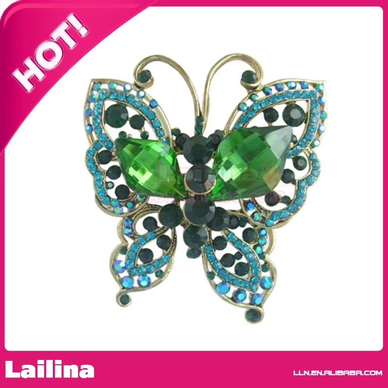 100pcs/Lot Gold-Tone Blue Green Rhinestone Crystal Butterfly Brooch Pin