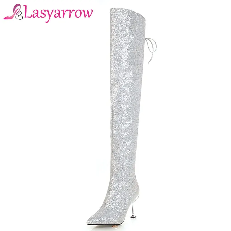 Lasyarrow Women Boots High Heels Long Boots Thigh High Lace Up Over The Knee Black Gold Silver Boot Ladies shoes Plus Size 43