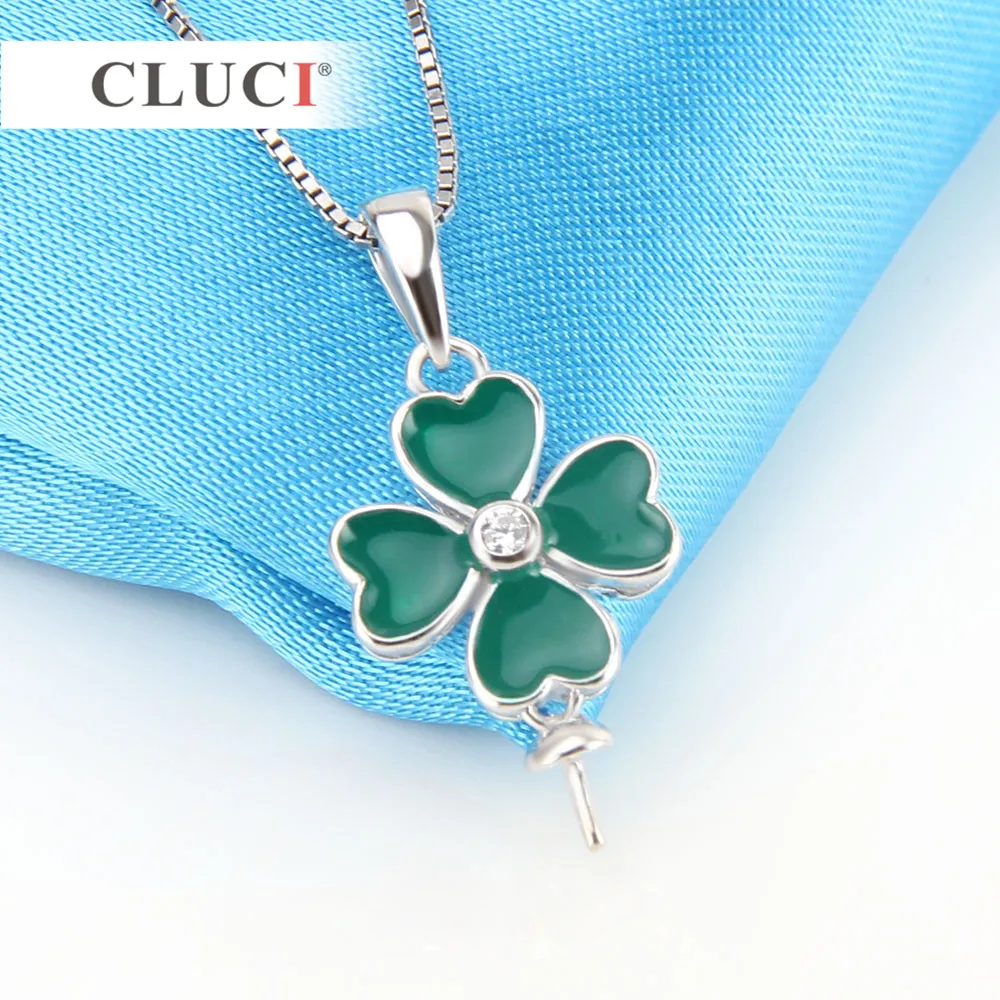 CLUCI 925 Sterling Silver Four Leaf Clover Pendant Necklace Setting Green Clover Jewelry Accessary to stick pearl SP212SB