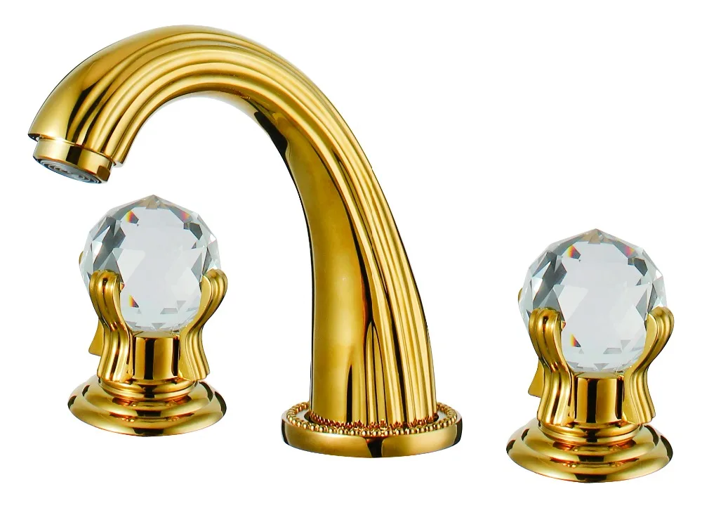 Free ship Gold PVD 8 inch 3 Pcs widespread bathroom Lavatory Sink faucet Crystal handles tap