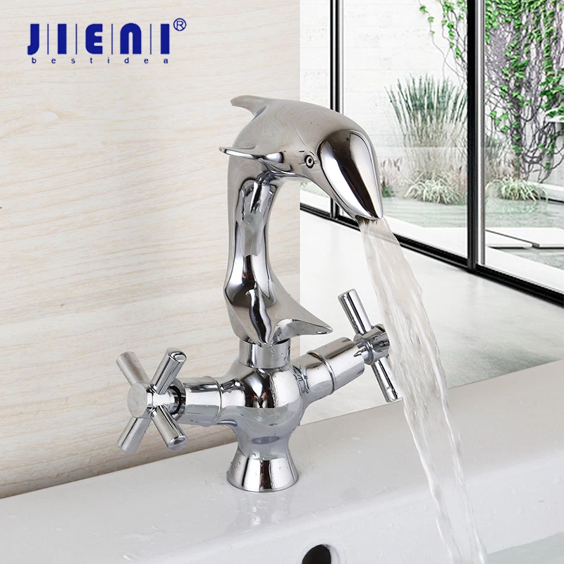 

JIENI Dolphin Black ORB Polished Chrome Solid Brass 2 Handles Deck Mounted Bathroom Basin sink Mixer Tap Faucet