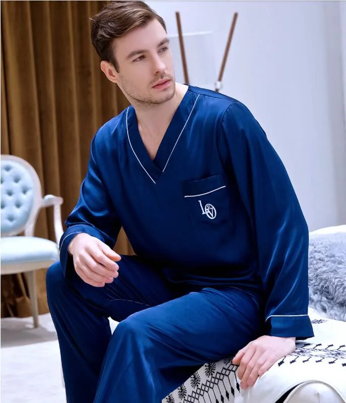 Men's Ice Silk Satin homewear Long Sleeved V Collar Set All Seasons Home Clothes Students Leisure Youth Plus Size Nightgown J035