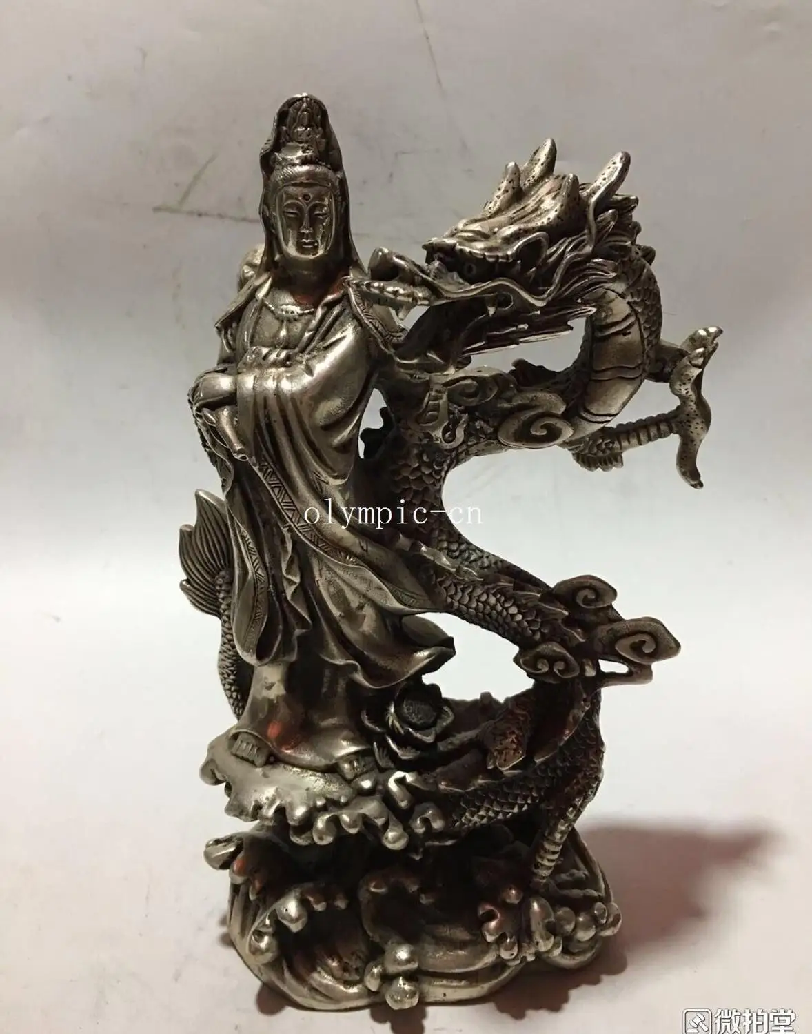 10'' bronze silver-plated carvings dragon Guanyin Avalokitesvara kwan-yin statue