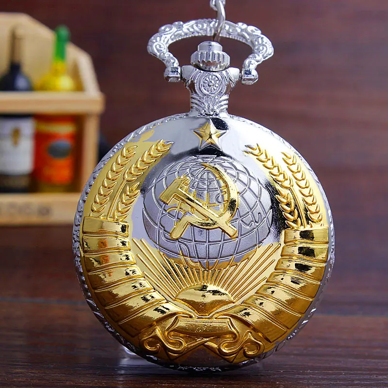 Vintage Oro Argento Sovietica Falce Martello Dell'annata di Tasca Del Quarzo Con La Collana Del Pendente Della Catena Orologio Degli Uomini Delle Donne Unisex Regali