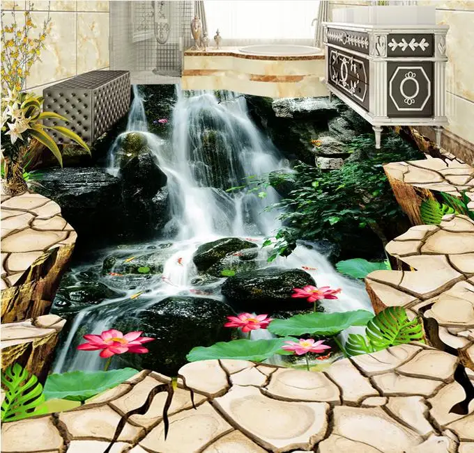 

3d Flooring Photo Wallpaper Ground crack waterfall Lotus Wallpapers For Living Room 3d Floor Tiles 3d Wall Murals PVC Wallpapers