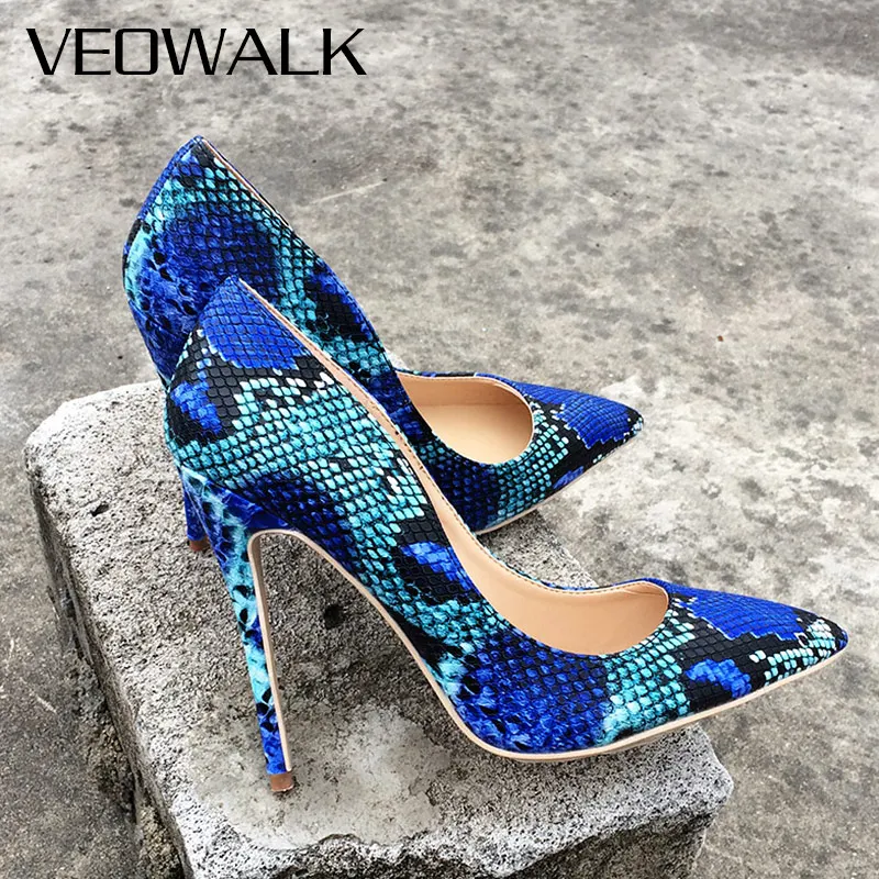 Veowalk Snake Printing Leather Women Super High Heels Sexy Ladies Pointed Toe Stiletto Pumps Slip on Party Shoes Blue