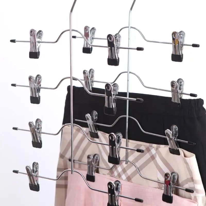 Multifunctional 4 Layer Stainless Steel Pants Hanger Rack Clip Skirt With 8 Clips Storage Organizer Save Space