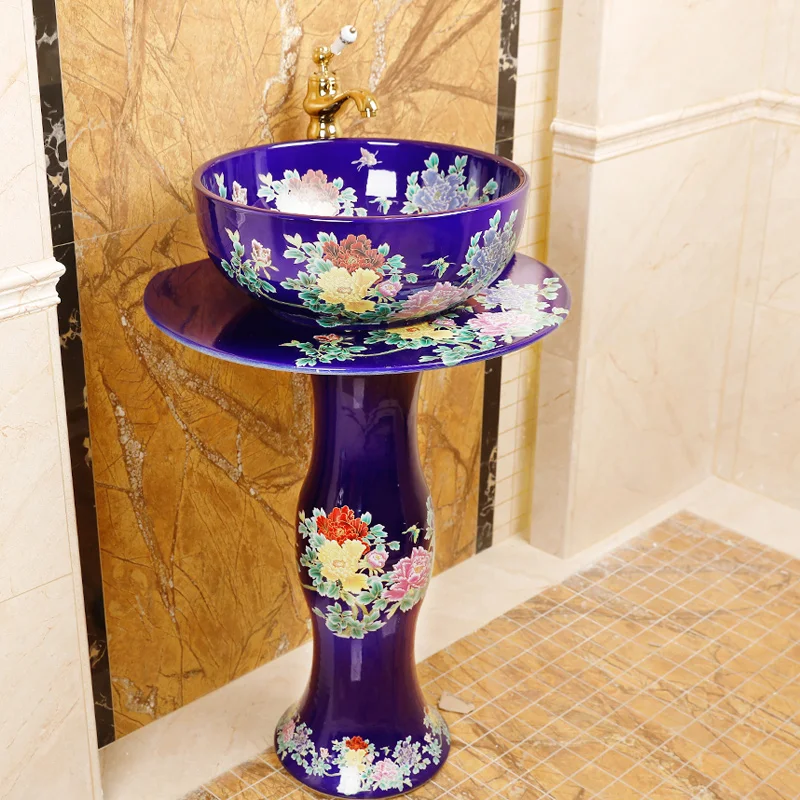 

Chinese Pedestal Washbasin Ceramic porcelain Household Bathroom Art Integrated Floor Type Washing basin Vanity Wash Sink blue