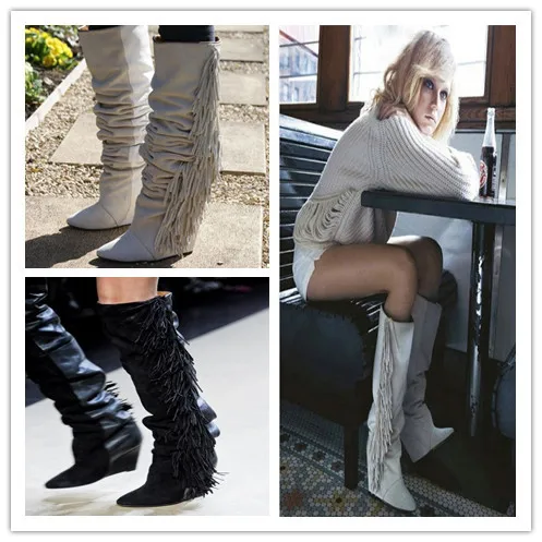 Women Knee High Suede Fringe Boots Black/White/Gray Platform Wedged Tall Boots New Brand Fashion Women Motorcycle Tassel Boots