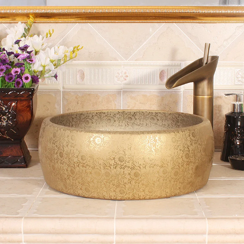 China Painting Waist drum gold-plated chrysanthemum Ceramic Painting Round Europe Vintage Style counter top sink wash basin