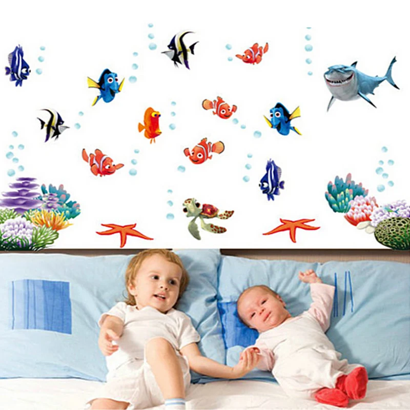 Autocollant mural NEMO à bulles de poisson de fond de mer, autocollant mural de dessin animé pour les chambres d\'enfants, décor de salle de bains,