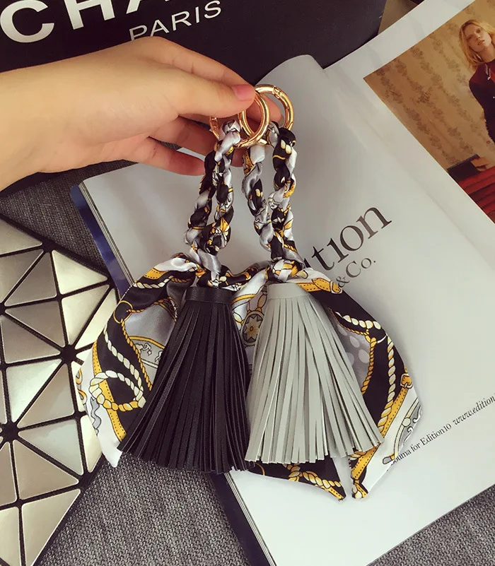 Animal Plush keychain Fashion Women pom pom Fur key chain Scarf leather tassel Fashion Phone Key Holder K1258