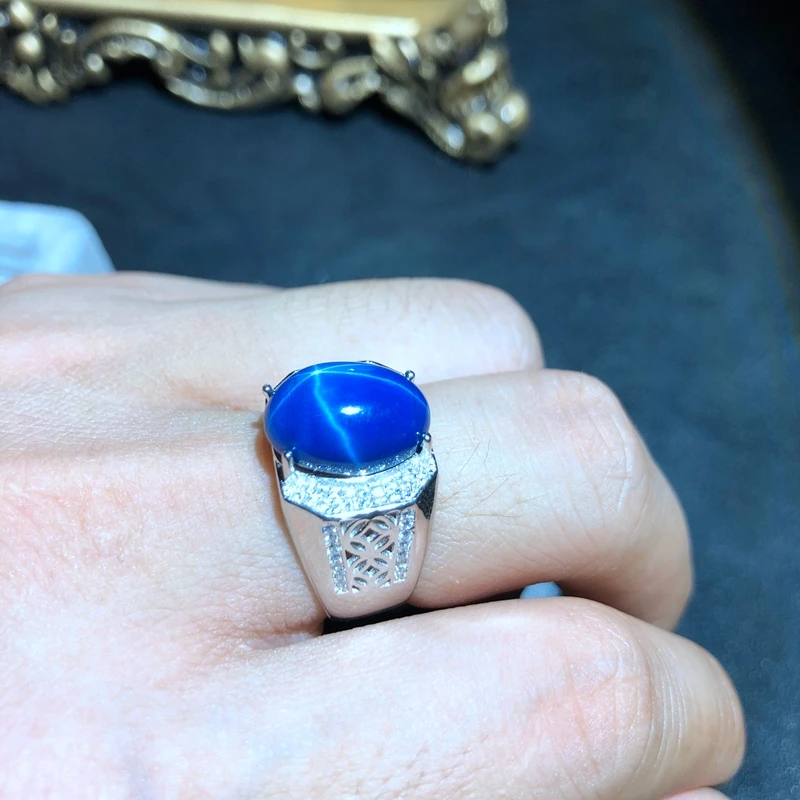 cool men ring shiny blue star sapphire gem ring 925 silver jewelry big size shiny gem certified birthday gift