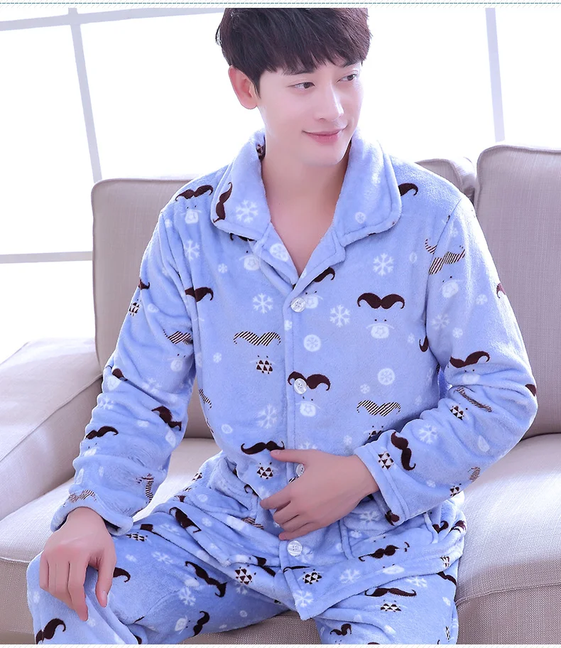 

Adult Pajamas 2pcs Men's Long Sleeve Thickened Flannel Homewear Male Coral Fleece Casual Nighwear Navy Blue Cardigan D-2072