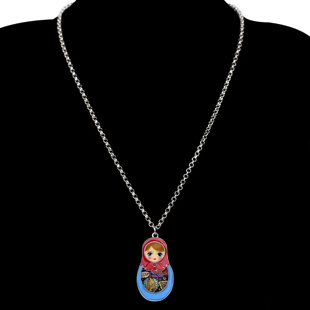 Bonsny Enamel Alloy Matryoshka Russian Doll Necklace Pendant Chain Choker Floral Ethnic Jewelry For Women Girls Teens Gift Party image 5