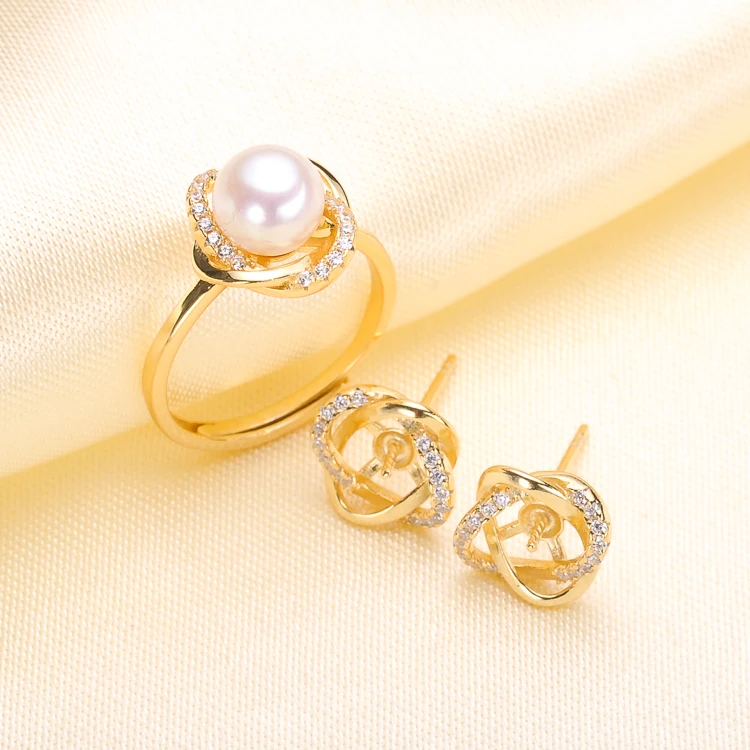 

DIY Pearl Jewelry Set Accessory S925 Sterling Silver Earrings Holder+Rings Settings 2Pieces Components Silver&Gold Color 3Sets