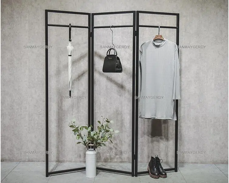 Clothes store display stand floor-to-floor Coat rack women's clothing store simple retro iron screen side hung in the island she