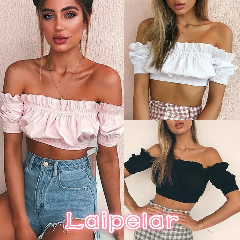 Sexy Nieuwe Vrouwen Off De Schouder Cropped Top Korte Mouwen Franje Slash Hals Elastische Solid Casual Zomer Shirts Blouse Vrouwelijke tops