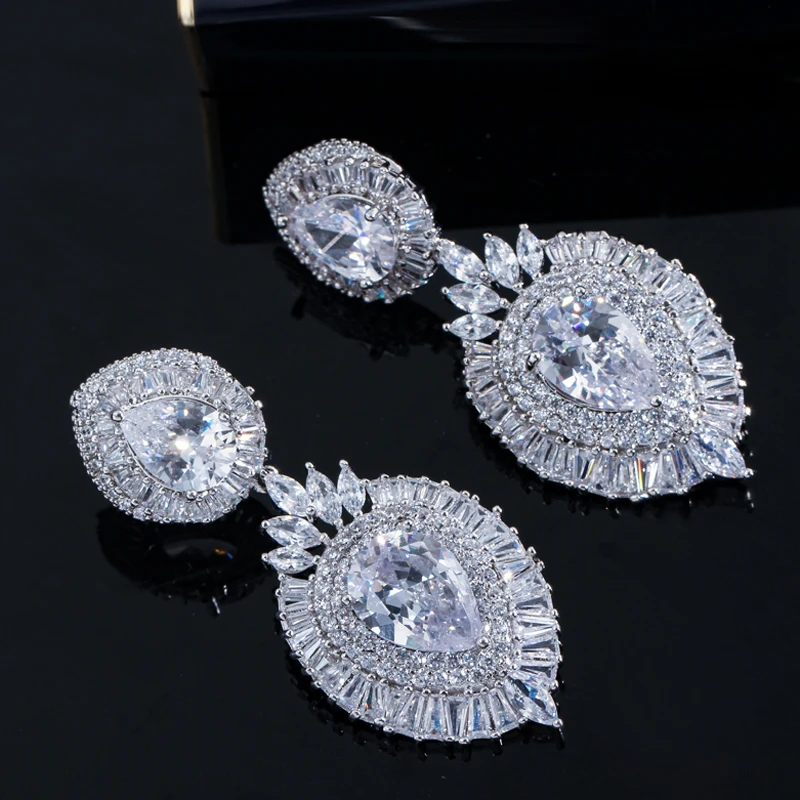 BeaQueen Gorgeous Big Water Drop Cubic Zircon Micro Pave Baguette Crystal Long Dangle Earrings Bridal Wedding Party Jewelry E281 image 5