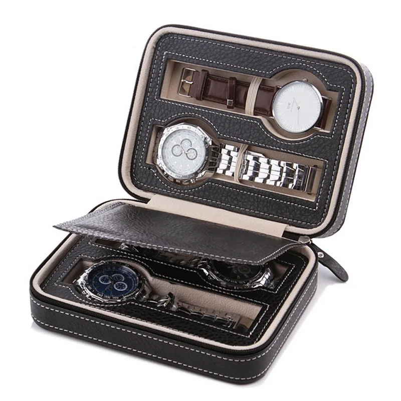 Luxury 4 Grids Leather Watch Jewelry Box Organizer Box Zipper style travel storage Jewelry Watch Collector Cases