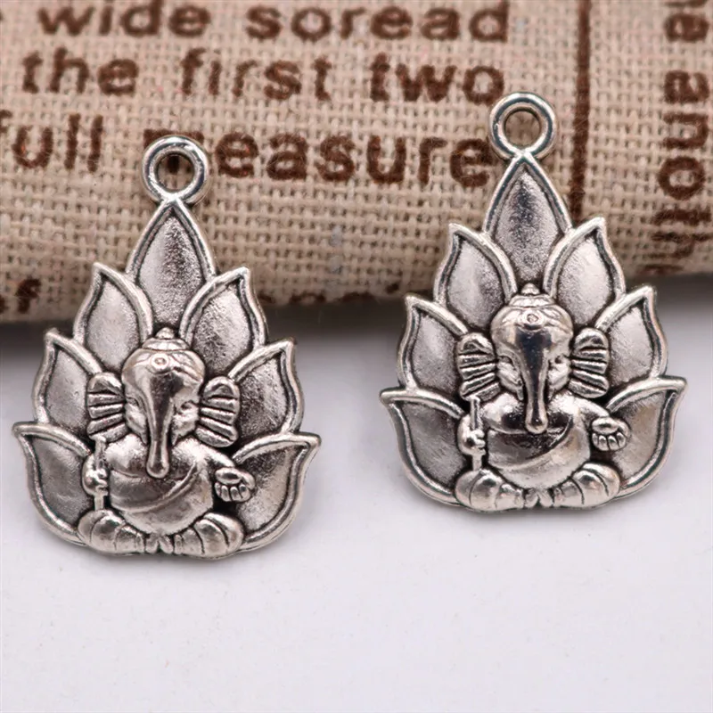 8pcs Silver Color Lotus Seat God Ganesha Pendant DIY Charm Buddhist Necklace Bracelet Jewelry Carfts Making 25*18mm A1897