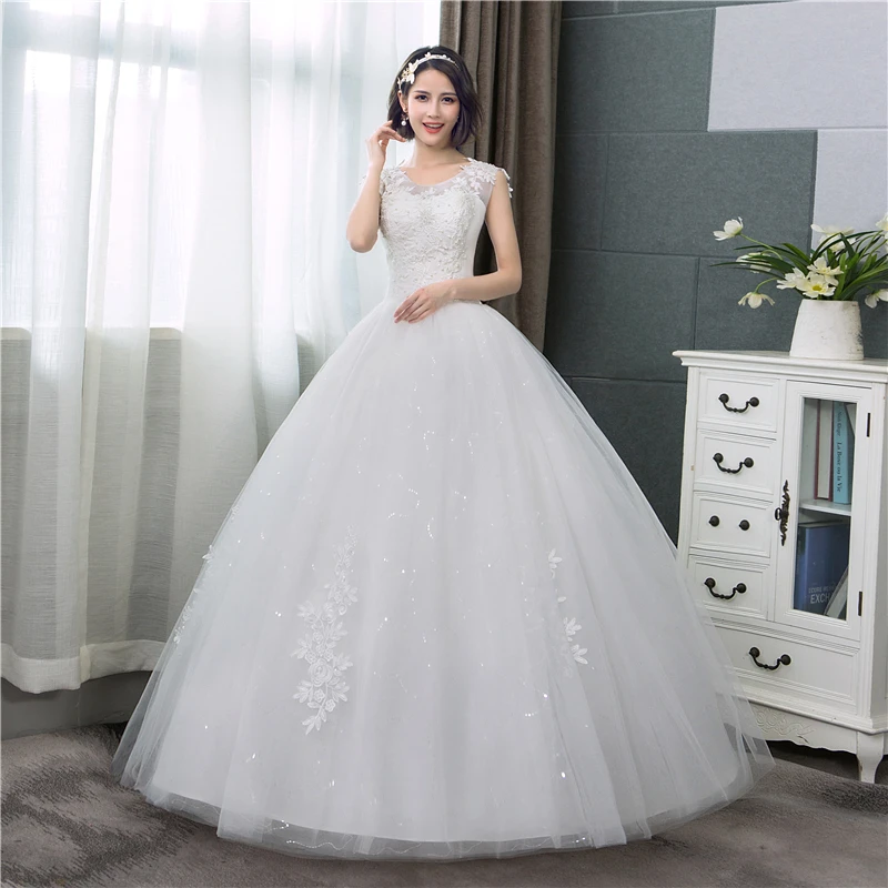 Cheap Wedding Dresses New Sweet Customized Plus Size O Neck Lace Appliques Korean Ball Gown Bridal Dress Vestido De Noiva