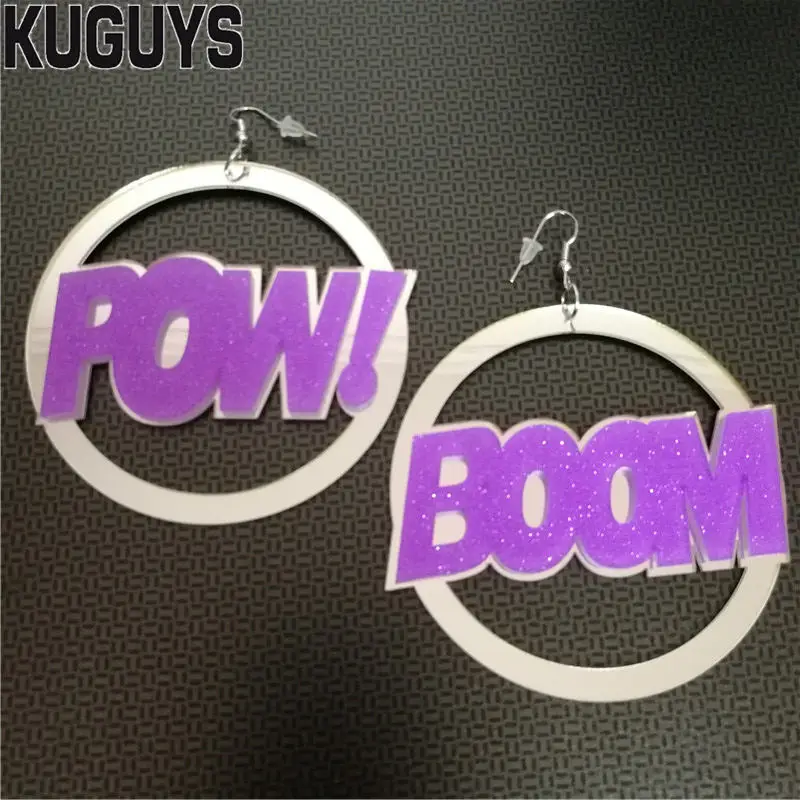 KUGUYS Pow Boom Round Earrings for Women Acrylic Jewelry Letter HipHop Punk Rock Drop Ear Accessories