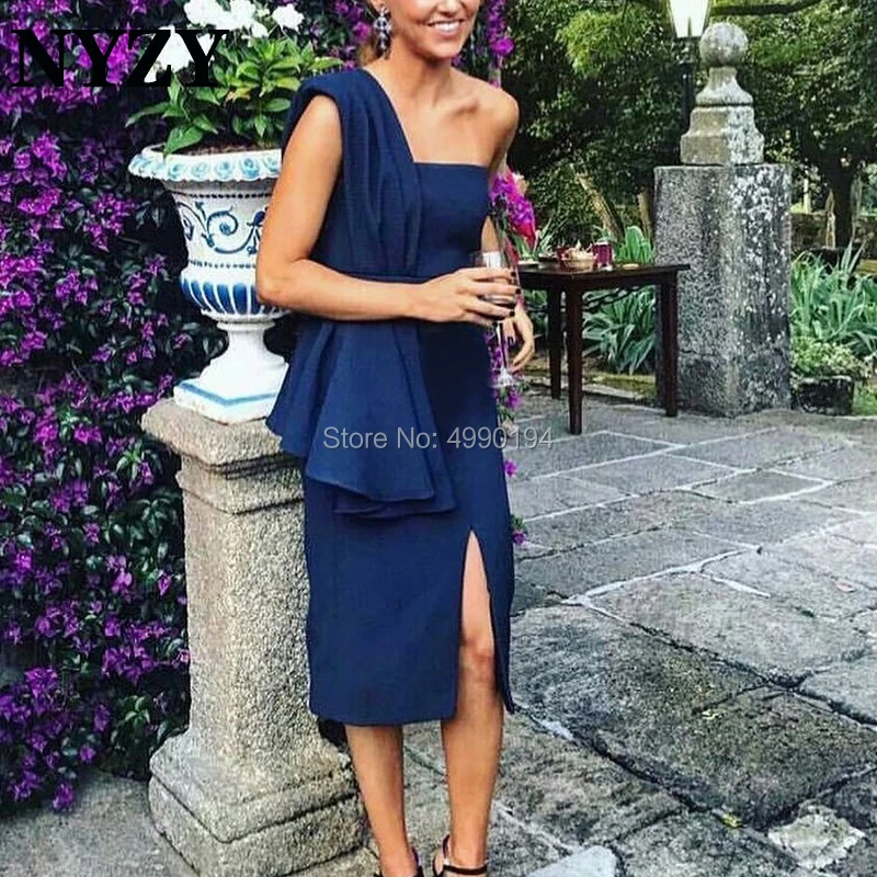 

Cocktail Dresses NYZY C201 Satin One Shoulder Tea Length Slit Navy Formal Dress for Wedding Party Homecoming Graduation