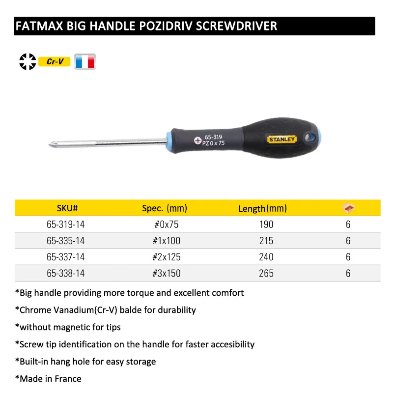 Fatmax 1-piece lifetime guarantee pozidriv screwdriver screw drivers pozi head #0 #1 #2 #3 pozidriver without magnet Cr-v steel