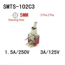 Interruptor de palanca SMTS-102 C3, 3 pines, 2 posiciones, 5mm, AC 1.5A, 250V, DC 3A, 125V, tipo Horizontal, 5 unids/lote