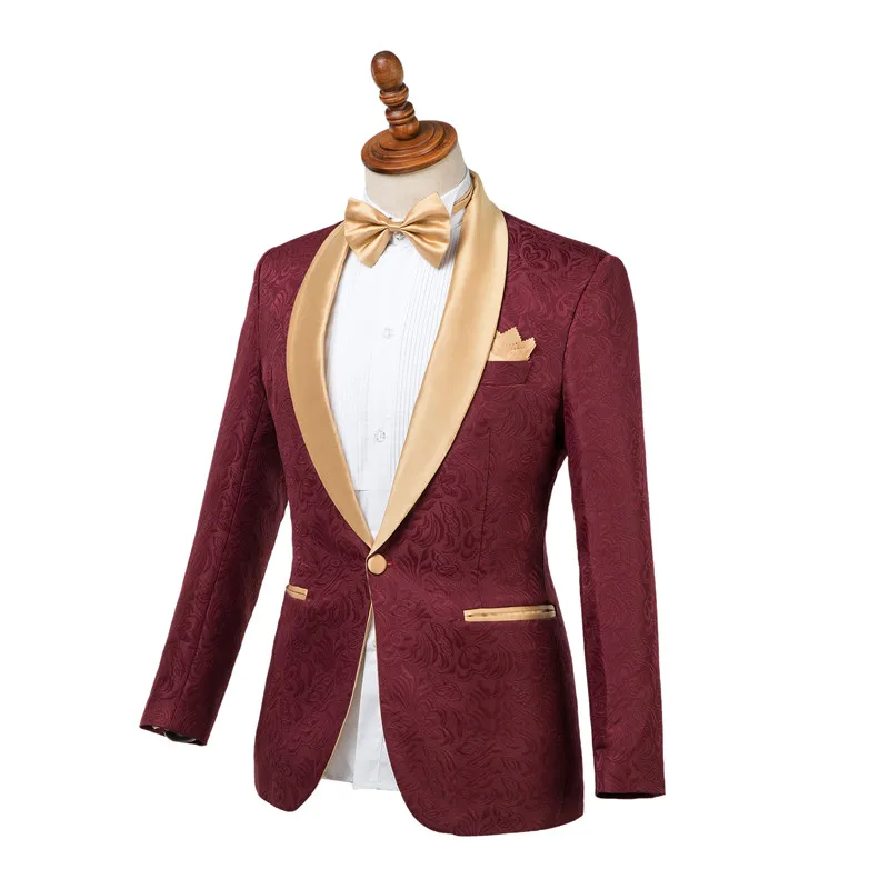 Gwenhwyfar Jacket Pants Design Tuxedos Groom One Button Burgundy Gold Shawl Lapel Custom Made Formal Best Man Men Wedding Suit