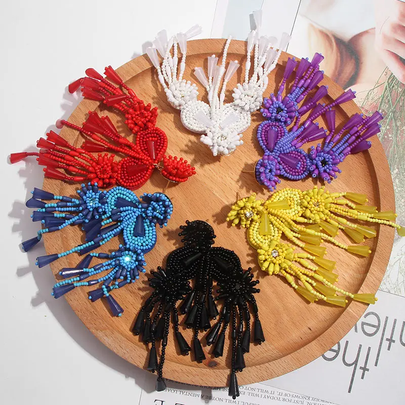 Flatfoosie Handmade Big Tassel Drop Earrings For Women Bohemian Vinatge Colorful Beaded Fringed Statement Dangle Earring Jewelry