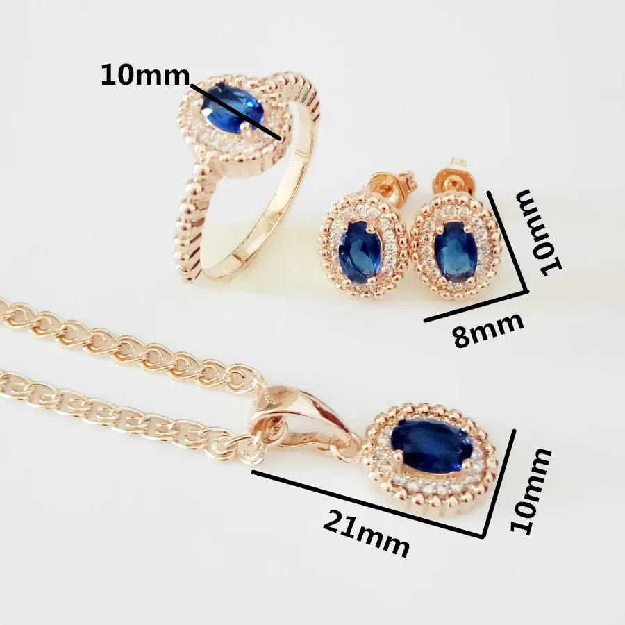 Luxury Trendy Women Jewelry Sets Office Style Rose 585 Gold Color Fashion Jewelry Blue Cubic Zirconia Earring/Necklace/Ring Sets