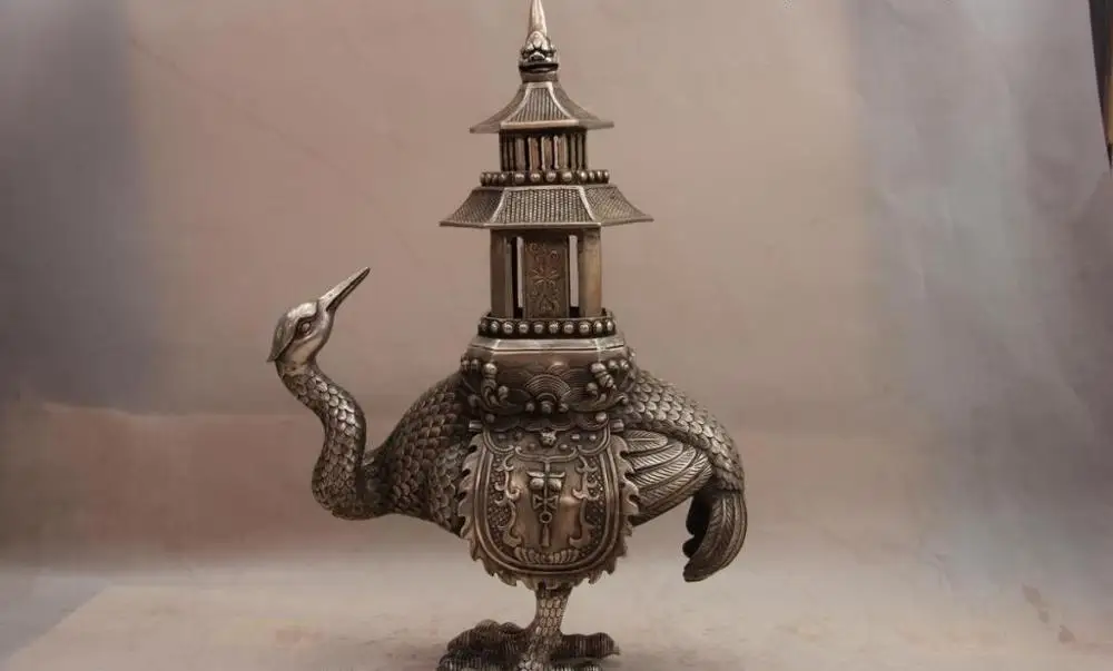 China White Copper Silver Buddhism Red-crowned crane Bird Incense Burner Censer