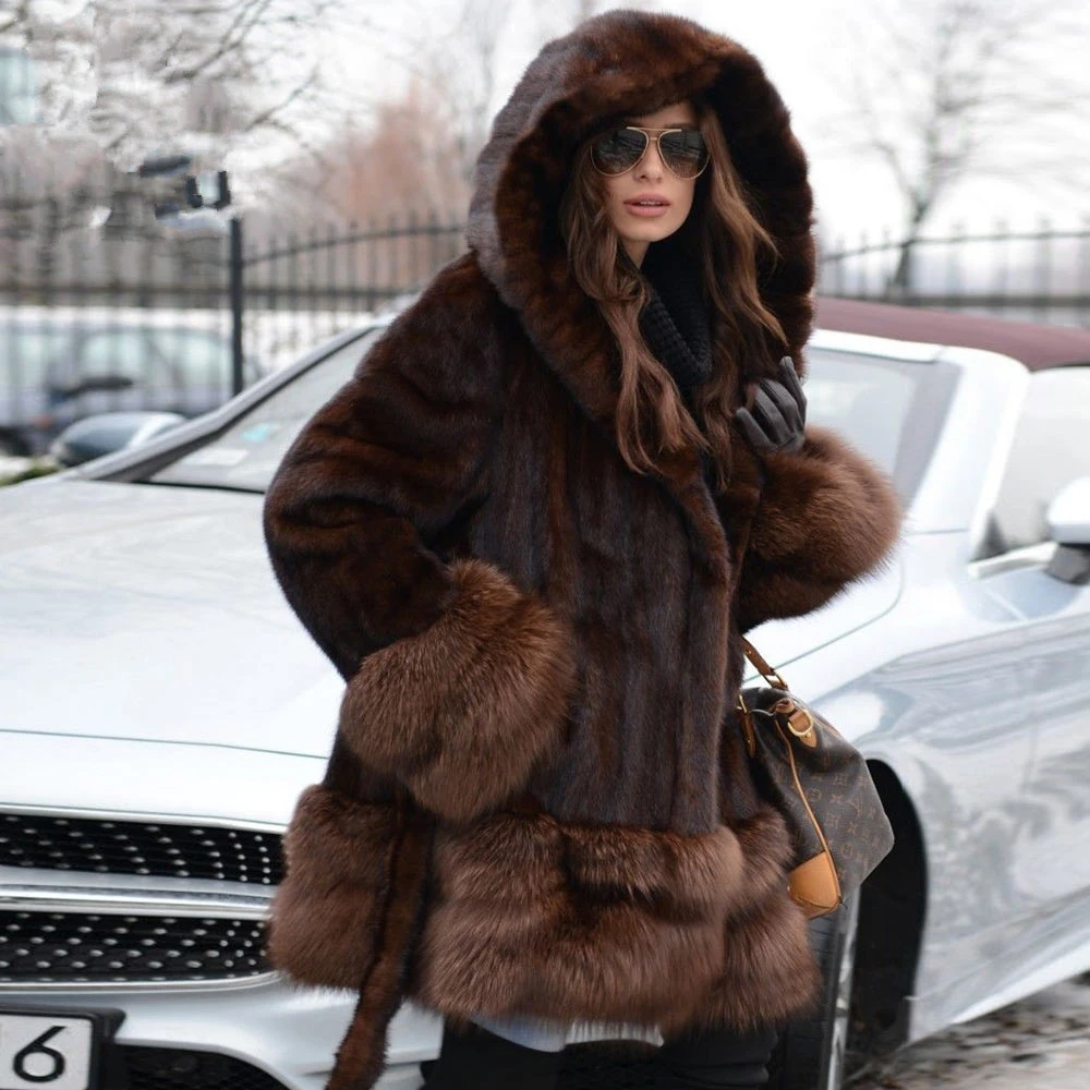 Topfur Winter Aangepaste Korte Echte Bontjas Vrouwen Natuurlijke Nertsen Bont Medium Jassen Met Riem Volledige Mouwen Jassen Met Bont kap