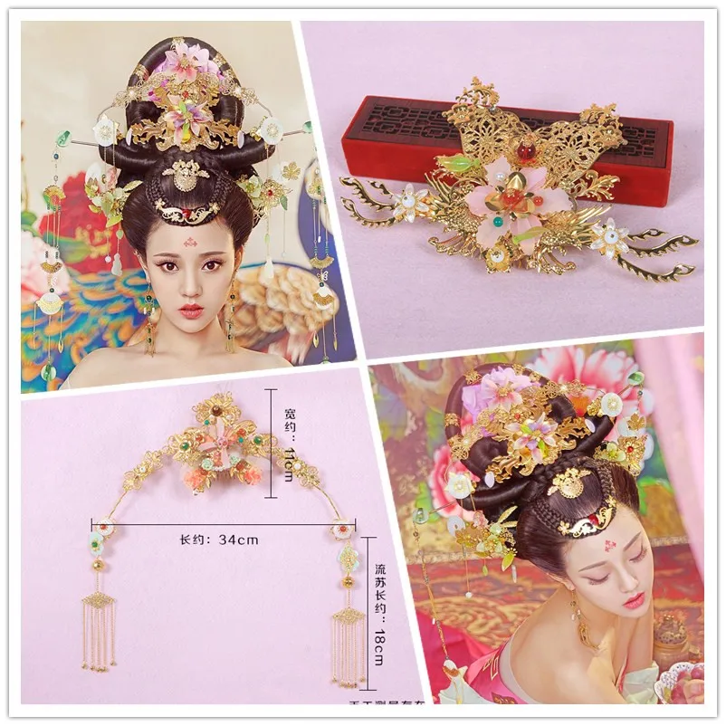 

Pure Handmade Hanfu Costume Accessory for Photo House KongQue Long Tassel Golden Hair Jewelry with Colored Flower