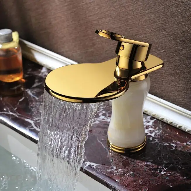 Bathroom Luxury Wide Spout Golden-Plated Solid Brass Marble Waterfall Basin Faucet Single dle Hot Cold Water Mixer Tap