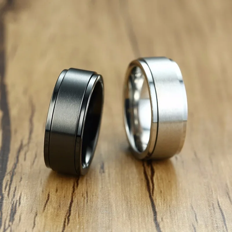 8MM Men\'s Top-Engraved Spinner Ring,Black White Stainless Steel Men Wedding Band Male Jewelry Gift