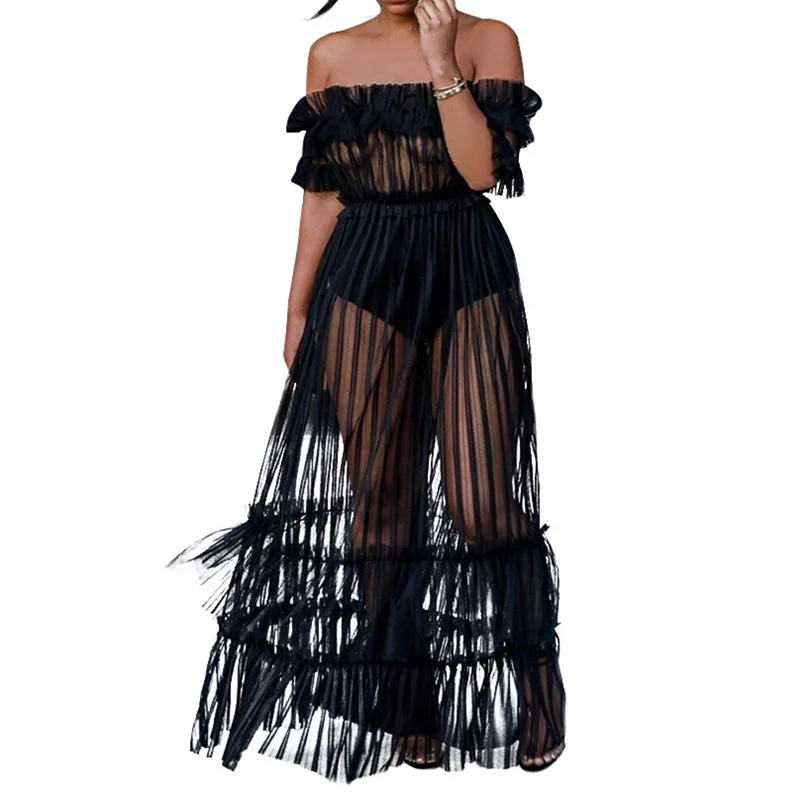 2019 Sheer Mesh Maxi Vestito Delle Donne Off Spalla Vestito Da Estate Volant Night Club Vestito Da Partito Sexy Vedere Attraverso Lunghi Abiti Da