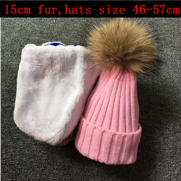 2024 Real Raccoon Fur Ball hats Plus velvet Winter Hat Cap For Kids Boy Girl Warm Fur Pom Poms Ski Hat Fur Pompoms Hat