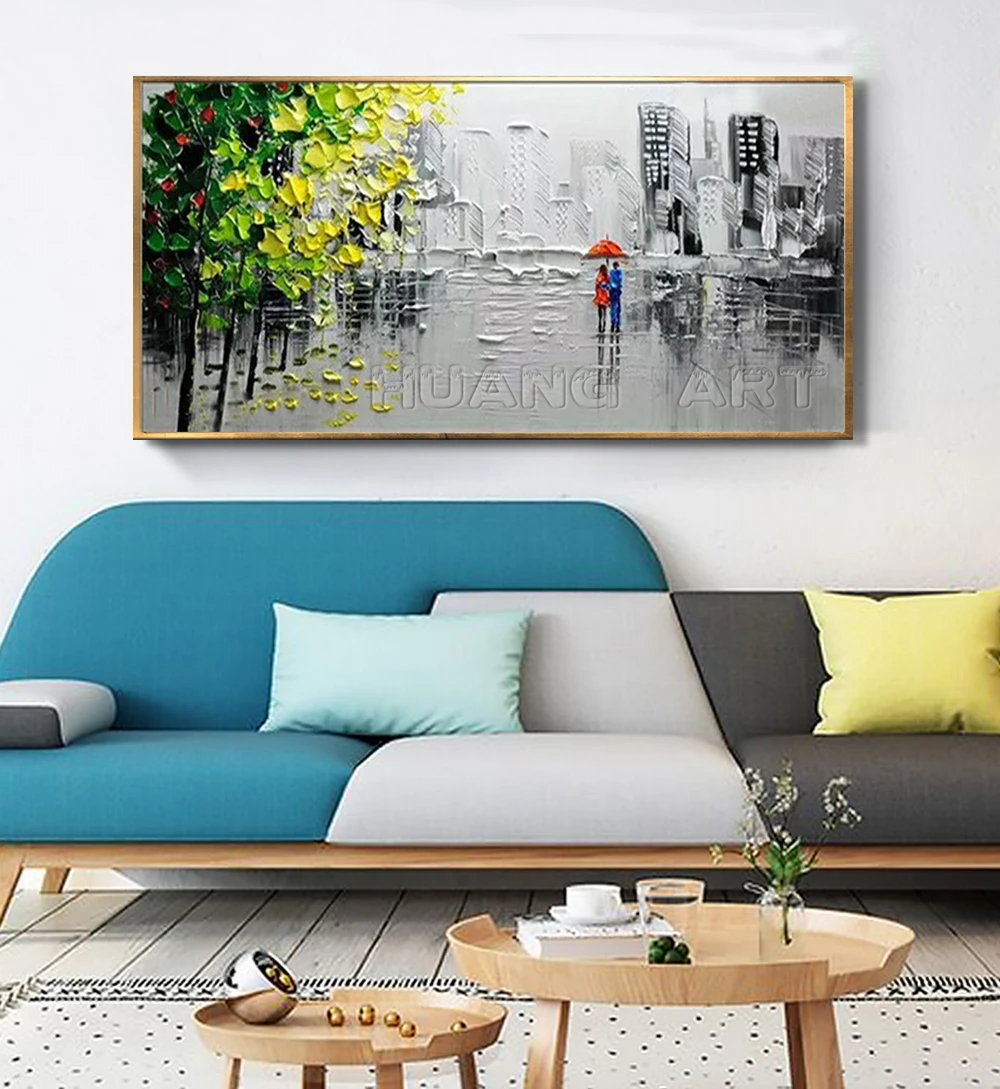 Pure Hand-painted Knife Tree Landscape Oil Painting on Canvas for Living Room Decor Lovers in the Rain Scenery Wall Painting