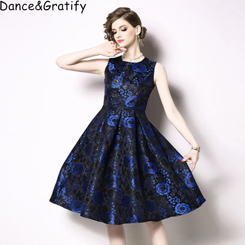 Big Size 3XL New Summer High Quality Jacquard Runway Dress Vintage Sleeveless Flowers Tank Party Dresses