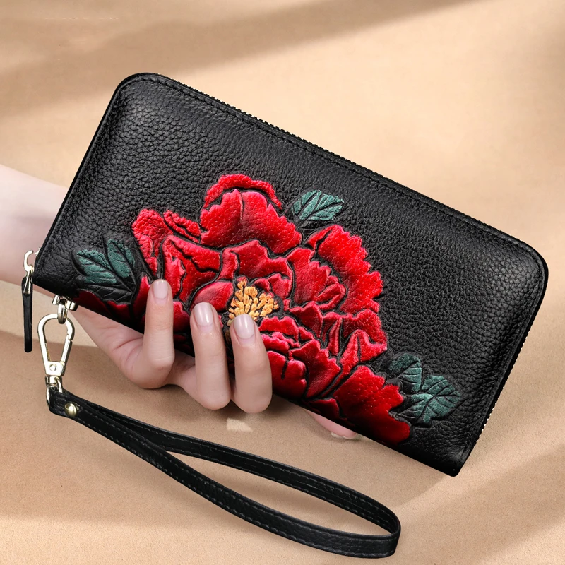 Billeteras con estampado de animales y flores para mujer, bolso de mano de cuero genuino, largo, monedero para teléfono