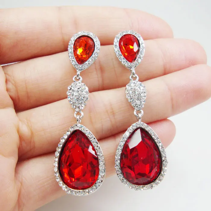 Silver Tone Art Nouveau Tear Drop Woman Dangle Earrings Red Austrian Crystal